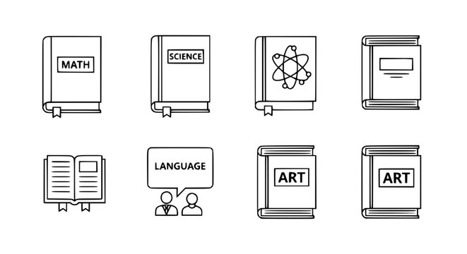 Education school textbook icon set featuring math science art and language books with atom symbol and open pages for academic learning and university study infographics.