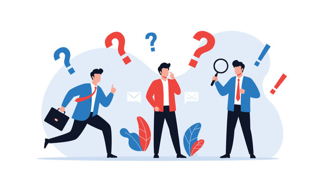 Group of diverse businessmen expressing confusion and searching for answers with question marks and magnifying glass symbols.