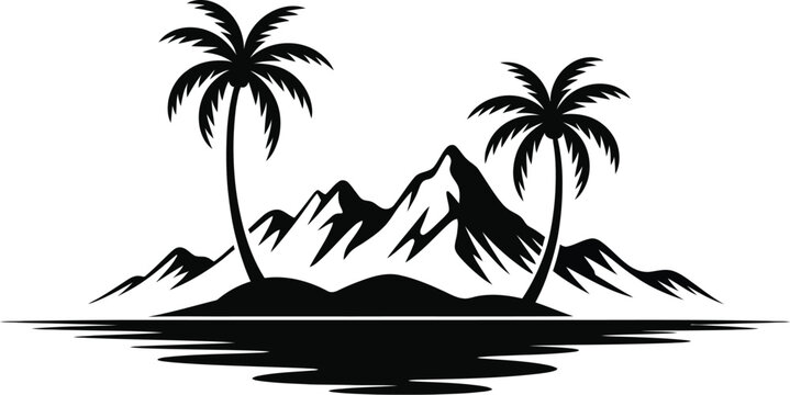 Black and white beach landscape featuring mountains and palm trees isolated on white background for coastal tourism and resort logos.