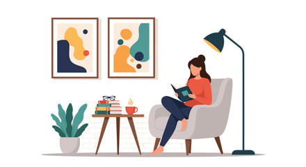 Fototapeta premium Comfortable woman sitting in an armchair and reading a book in a cozy room decorated with art, plants, and a stack of books.