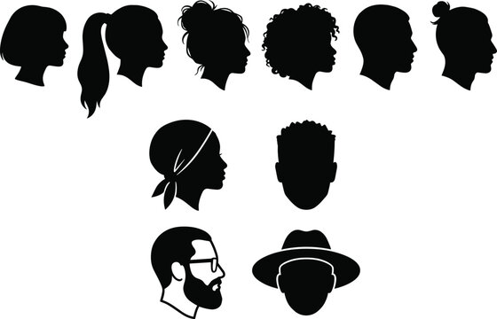Diverse collection of human head silhouettes featuring various hairstyles and accessories for people profile icons and social media avatars