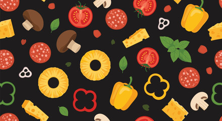 Fototapeta premium Seamless pattern background of various pizza ingredients including tomato slices, pepperoni, mushrooms, cheese, peppers, and pineapple.