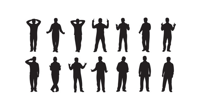People silhouettes in various poses, collection of men gestures, black figures, isolated on white, vector set.