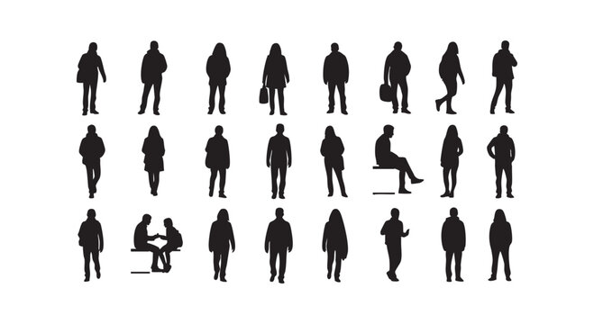 People silhouettes vector isolated on white background, black figures of men and women walking standing sitting.