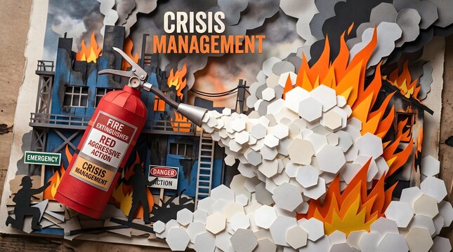 A detailed paper-craft diorama where a giant fire extinguisher unleashes a geometric spray to quench a raging blaze, serving as a vivid metaphor for aggressive and strategic crisis...