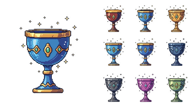 This pixel art vector collection showcases a majestic blue chalice alongside several colorful variations, each embellished with gold and gems.