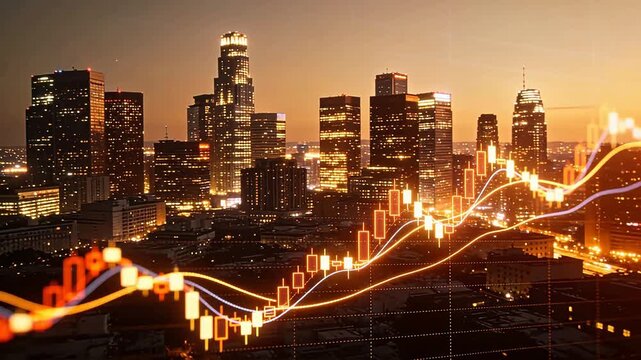 City skyline with financial charts