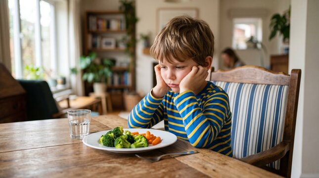 Bored little boy refusing to eat vegetables - reluctant child with broccoli and carrots on a plate at home.