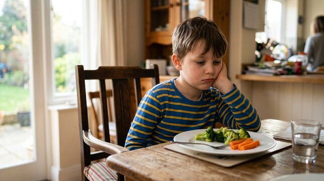 Bored little boy refusing to eat vegetables - reluctant child with broccoli and carrots on a plate at home.