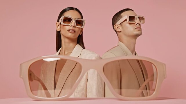 Two people wearing sunglasses and headbands in a pink studio setting