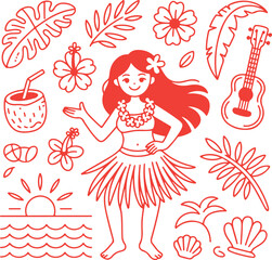 Hand Drawn Hula Dancer and Tropical Summer Elements Set © Lutfar