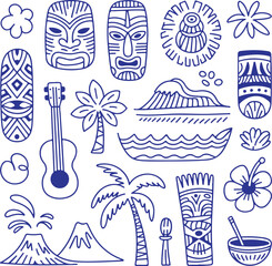 Set of Hand-Drawn Hawaiian and Tropical Tiki Icons © Lutfar