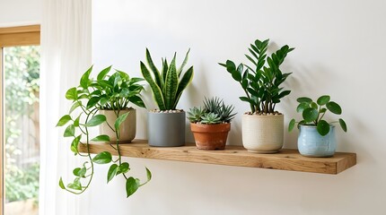 Fototapeta premium Several potted plants sit on a shelf indoors near a window.