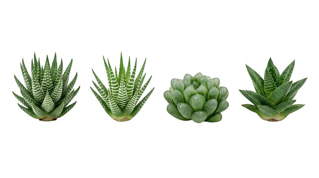 Set of succulent rosettes and desert garden cactus plants frontal isolated png on a transparent background perfectly cutout high resolution