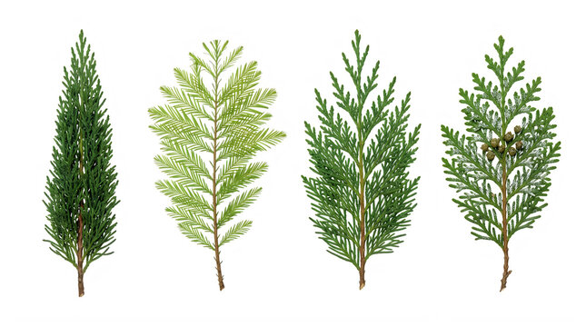 Set of dark green coniferous cedar branches and leaves for forest art frontal isolated png on a transparent background perfectly cutout high resolution