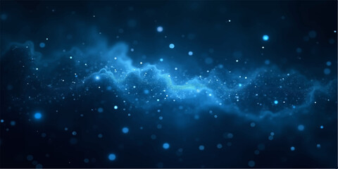 A luminous blue abstract background features a bright galaxy nebula and shimmering starfield particles swirling through the dark outer space of a cosmic night universe © Alpha Designs