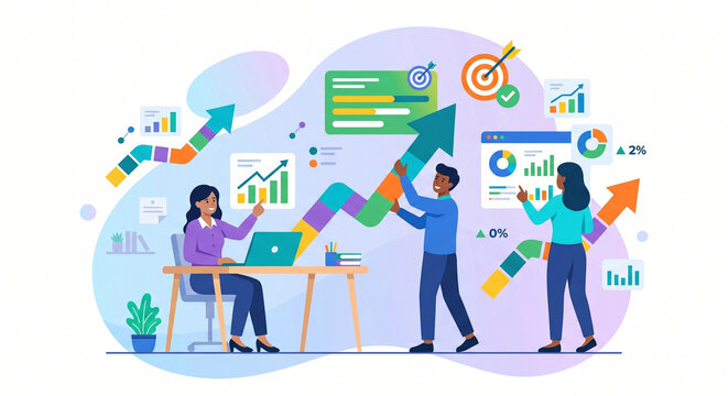 Business Growth and Data Analytics Illustration with Team Working on Strategy and Success Charts