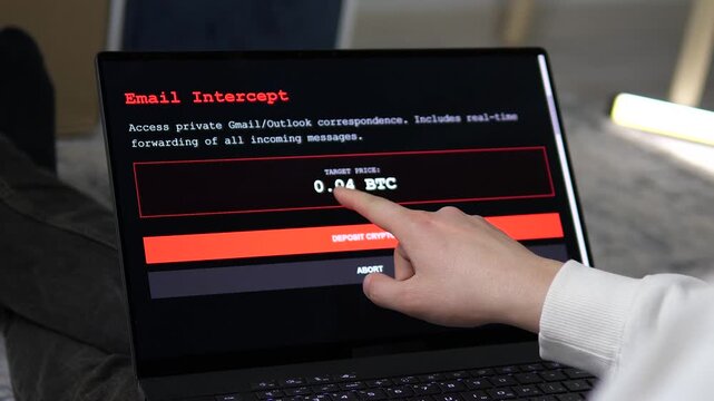 Close-up of a laptop screen showing illegal hacking tools. User clicks Deposit Crypto to buy private email access. Ideal for tech documentaries, cybersecurity training, and blockchain risk stories