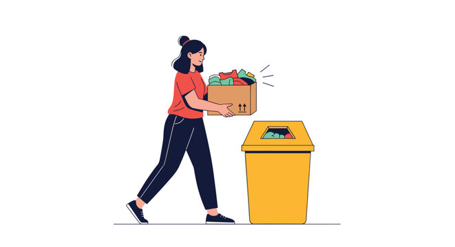 Young woman wearing casual clothes carries a cardboard box full of old garments to donate into a yellow textile recycling bin container.