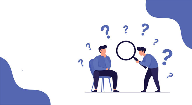Two men engaged in a research process where one uses a large magnifying glass to observe the other who is sitting thoughtfully with question marks.