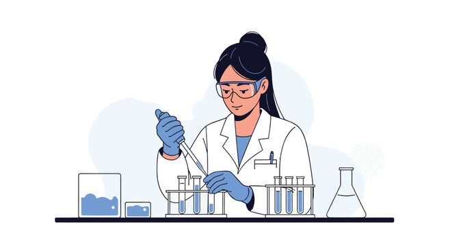 Dedicated female scientist in a white lab coat uses a pipette to transfer liquid into test tubes for an experiment.