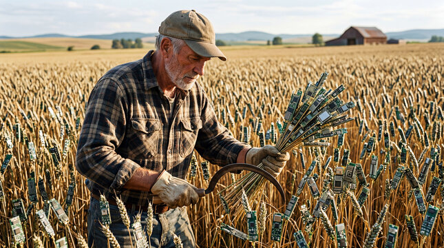 Elderly farmer harvests circuit board wheat with a sickle in a golden field.