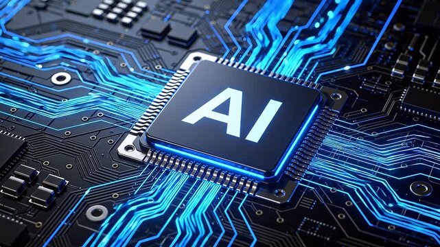 AI chip on circuit board with glowing lines