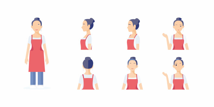 woman in red apron character set in various poses vector illustration