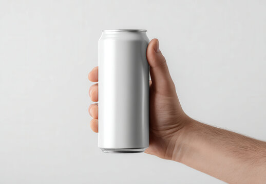 A person holds a blank white can in one hand against a light background in a casual setting during the day