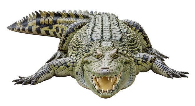 Large green crocodile with open mouth showing sharp teeth in a front view shot