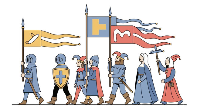 Medieval Procession with Knights and Royalty Vector Illustration