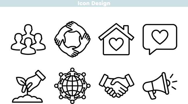 Charity and global support icon set. Linear icons related to community care, environmental protection, and social unity. Editable stroke vector illustration collection.
