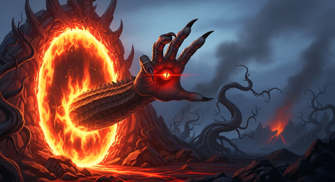 The ominous scaly claw of a dark entity extends from a glowing mystical gateway, casting an infernal shadow upon a desolate, twisted land