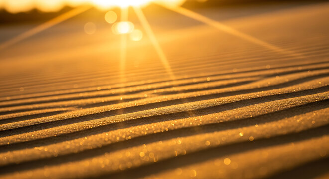 Majestic Golden Hour Sunlight over Sand Dune Ripples with Soft Bokeh and Lens Flare Scenic Desert Landscape Background for Nature and Travel Concepts
