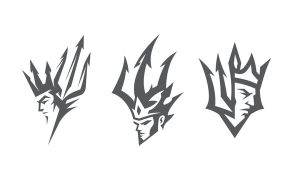 Set of three black and white trident king mascot logos featuring powerful silhouettes