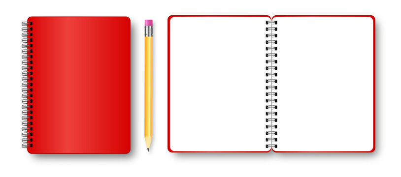 Book with red spine and cover 3d mockup, blank closed and open volume with hardcover . Library or store novelty isolated realistic. Notebook isolated on white. Metal spiral Vector