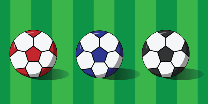 Soccer balls in red blue and black arranged on a green striped pitch background