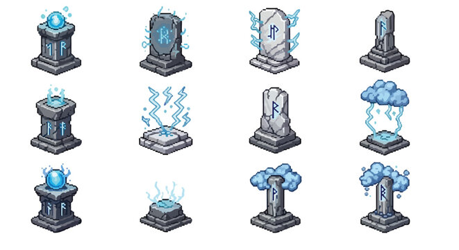 This vector features twelve isometric pixel art icons of mystical stone runes and altars emitting glowing blue magical energy and lightning effects.