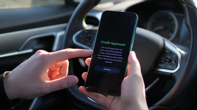Close-up of a mobile banking app with successful credit approval. User-friendly UI, UX design showcasing quick loans on the go. Perfect for corporate banks, financial startups, and digital