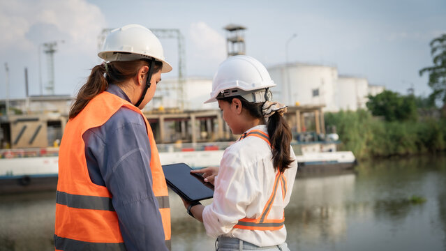Two engineers in hard hats stand beside a river. One holds a tablet, reviewing data or plans. They discuss work near industrial storage tanks. Background shows calm water and distant structures
