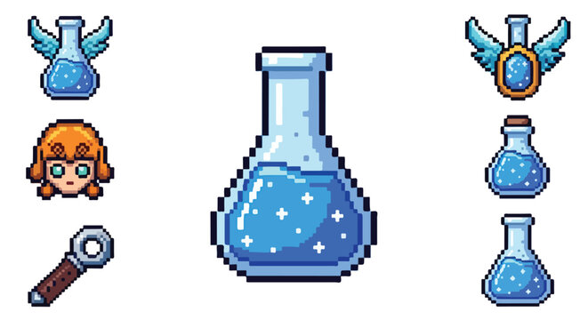 A set of retro pixel art game icons including sparkling blue mana potions, a winged emblem, a magnifying tool, and a girl character head asset.
