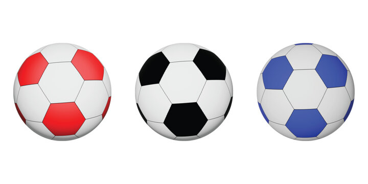 Colorful soccer balls in red black and blue arranged side by side on a white background