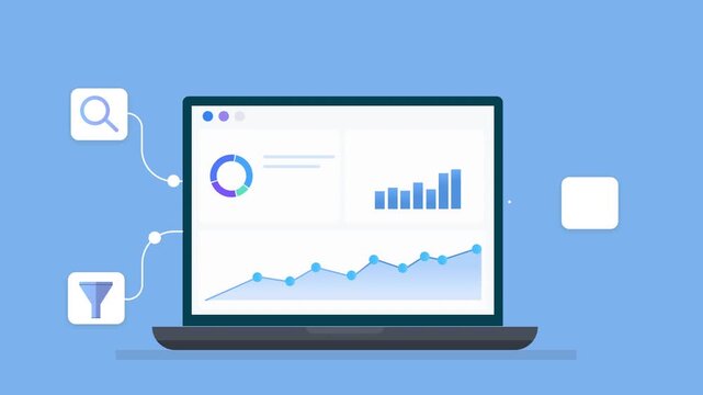 Animated flat illustration of a laptop displaying analytics charts with search and filter icons, representing data discovery, organization, and digital workflow processes.