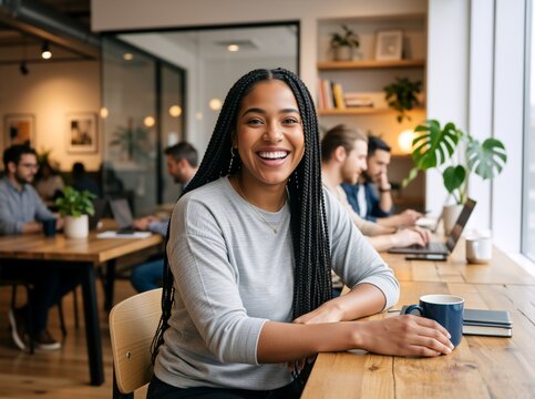 Smiling Black woman with braids holding a coffee mug in a modern office. Happy female employee at a coworking space counter. Casual business lifestyle concept