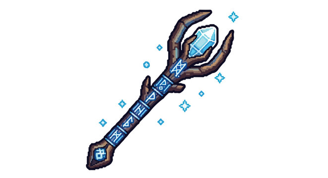 A pixel art illustration of a magical wooden staff with glowing blue runes and a large crystalline orb held by wooden prongs at the top.