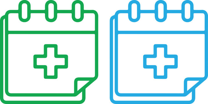 Green and blue medical calendar cross symbol, healthcare schedule plus sign