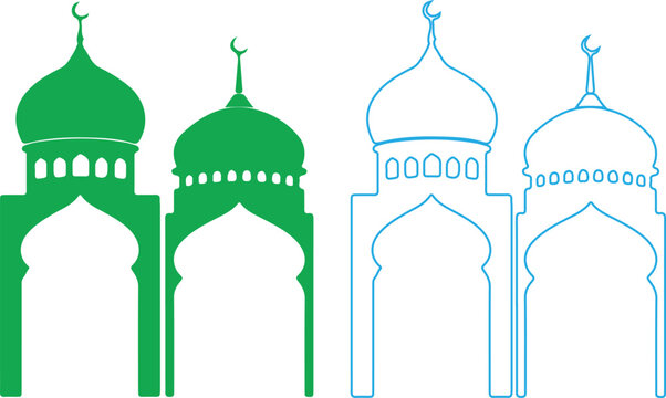 Green and blue mosque domes and arches, crescent moon finials