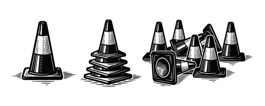 Set of road traffic cones for safety signaling and construction site marking illustration.