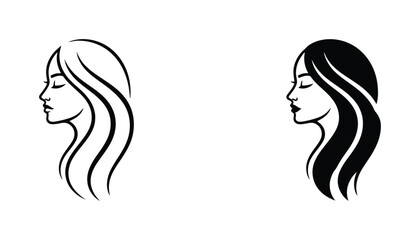 Minimalist profile portrait of beautiful woman with long flowing hair in elegant line art and solid black silhouette styles for beauty salon and wellness branding concepts © Spline