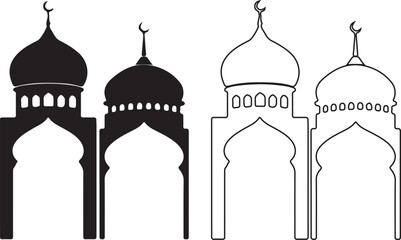 Islamic archway and minaret silhouettes, black and white mosque © Vexora
